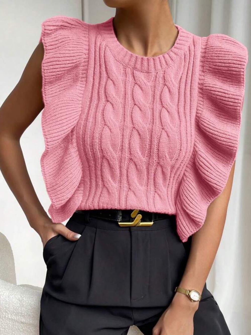 Ruffled Cable Knit Sleeveless Sweater - Pink